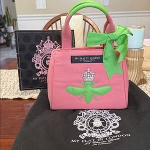 My Flat in London Pink Mini Bag with Green Bow includes dustbag and info